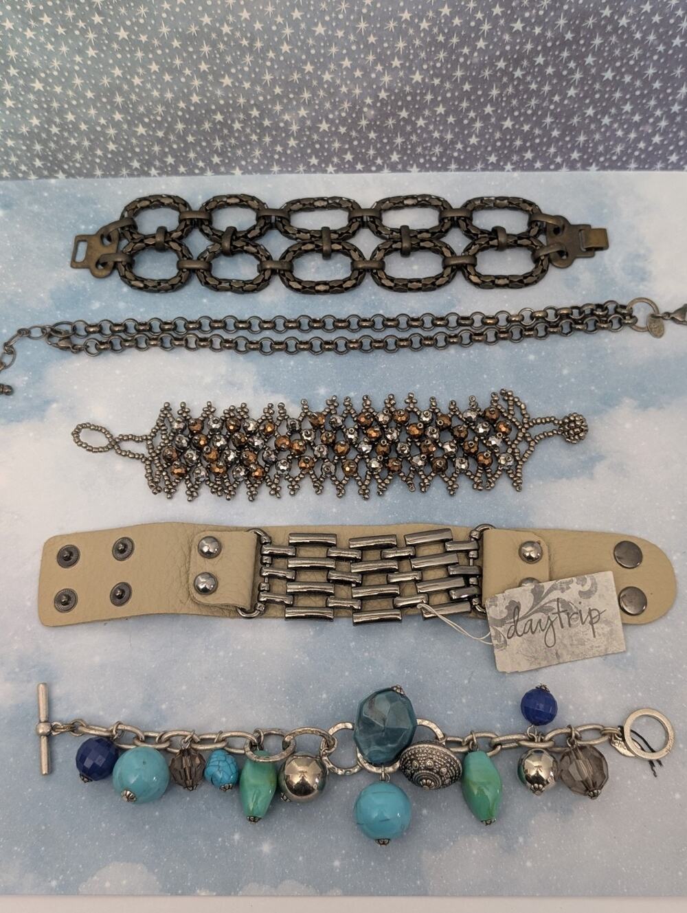 Boho Charm Bracelet Lot 5 Rhinestone Chain Turquoise Blue Women Jewelry